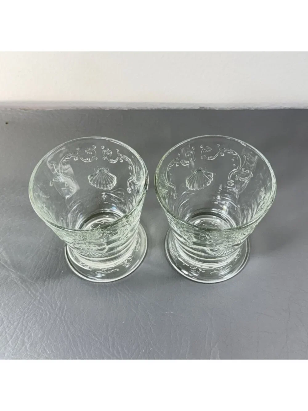 La Rochère France Clear Glass Mer Shell Footed Tumbler Juice Glasses Pair